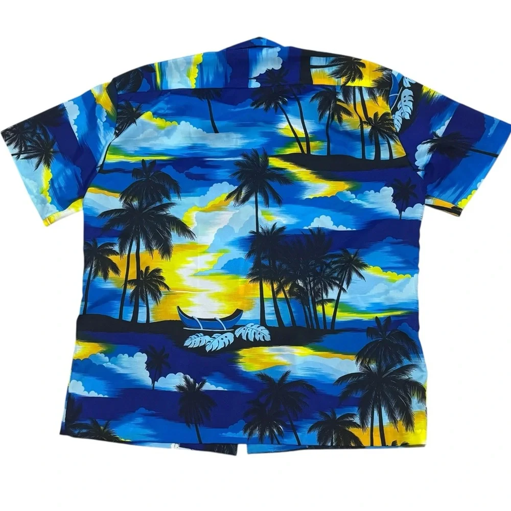 VTG Kai Nani Hawaiian Button Up Shirt Blue Palm Trees Sailboat Sunset Aloha 3XL‎